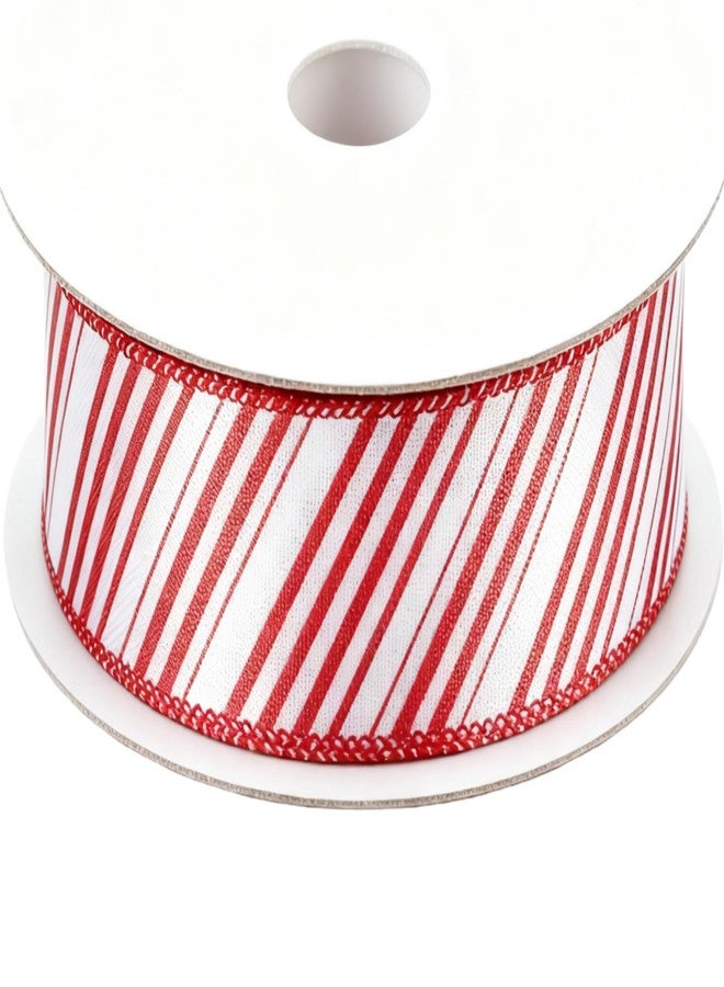 Meseey Red and White Diagonal Stripes Wired Ribbon 2.5 Inch x 20 Yards Candy Cane Christmas Ribbons for Gift Wrapping Wreath Bows DIY Craft Decoration(Red/White Diagonal) - Image 2